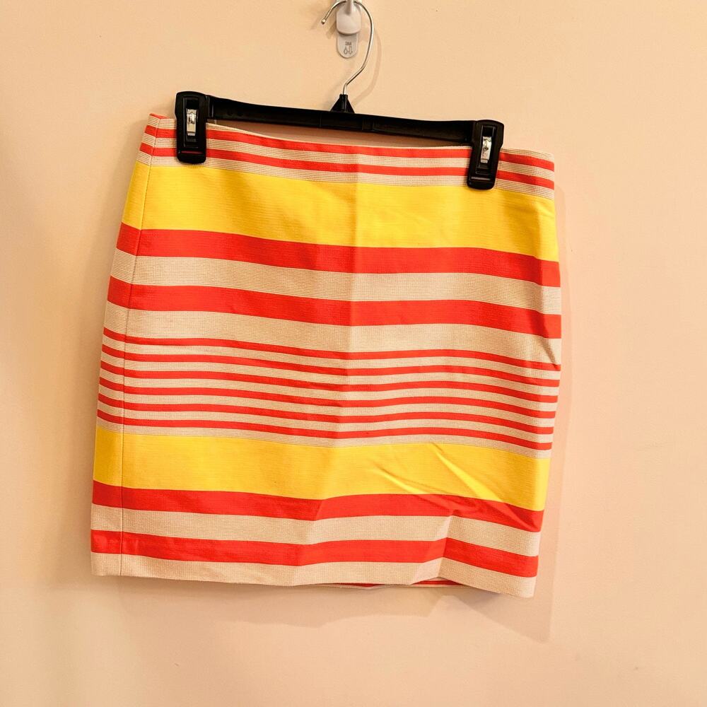 Ann Taylor Petite 8P Skirt Striped Neon Beige Orange Yellow A-line Career Lined - Picture 1 of 9